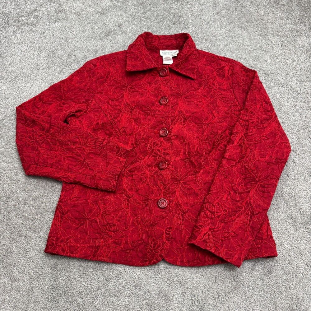 Coldwater Creek Textured Embroidered Stretch Button Up Jacket Women PXS Red Soft